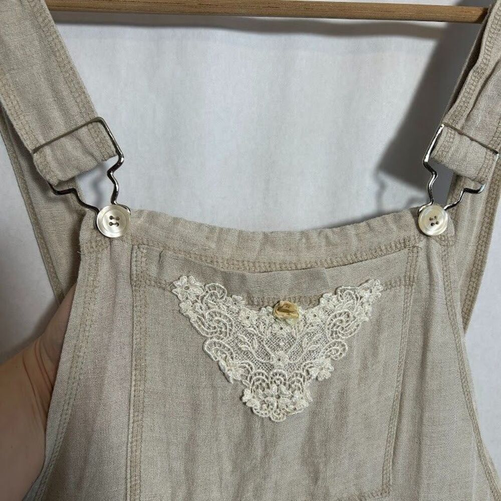 VTG Karen Alexander Pinafore Overall Maxi Dress 10 Linen Flax Blend Tan Mori Kei - Picture 5 of 11
